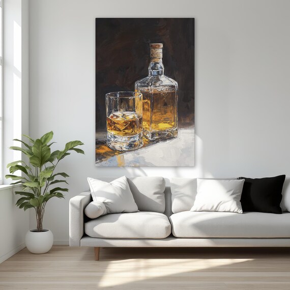 Whiskey Bottle And Glass Of Ice Moody Oil Painting Bar Poster