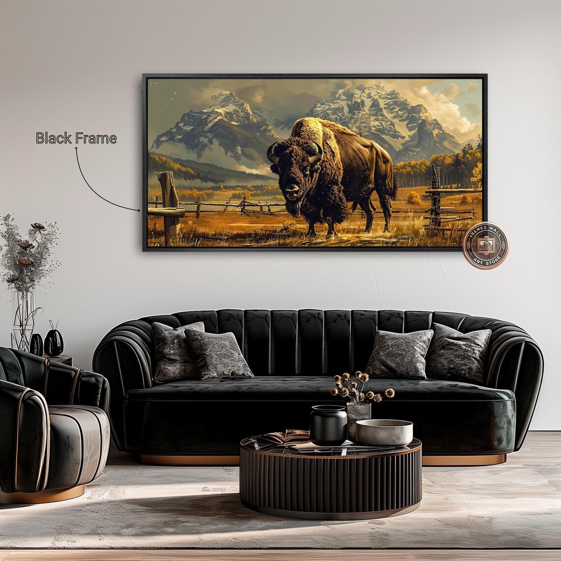 Bison Grazing In Fields Framed Print Snowy Mountains Landscape Wall Art Wildlife Painting Print Rustic Decor Ready To Hang - Image 4