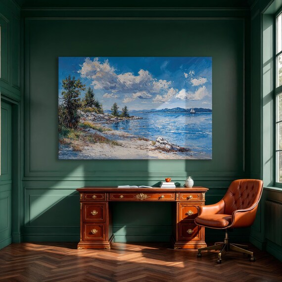 Blue Sea Rocky Shore With Sailboat Coastal Oil Painting Print