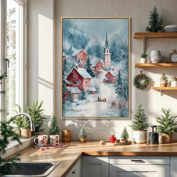 Snowy Christmas Village With Church Watercolor Holiday Poster