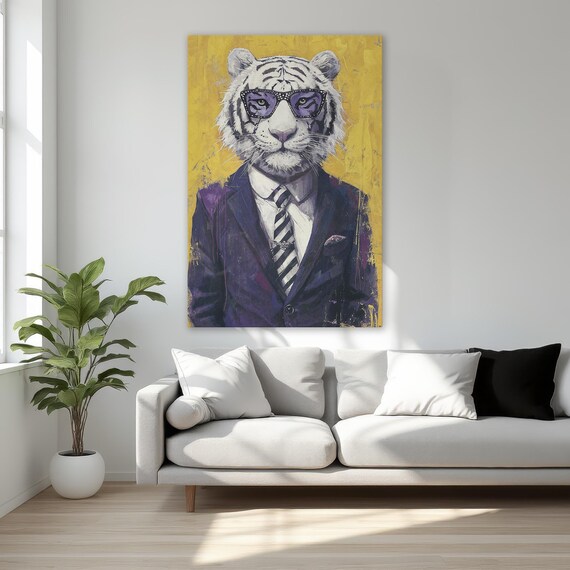 Quirky White Tiger In Purple Suit With Glasses Framed Canvas Print Wildlife Fashion Wall Art Funky Modern Decor Ready To Hang