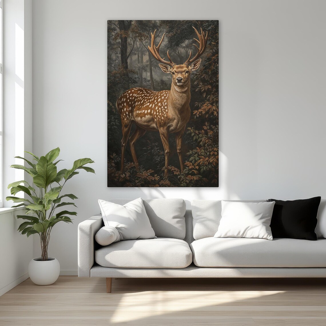 Splendid Deer In Enchanted Forest Framed Canvas Print Majestic Wildlife Wall Art Rustic Animal Decor Gift For Mom Ready To Hang