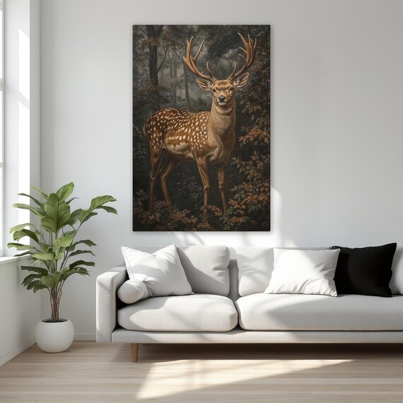Splendid Deer In Enchanted Forest Framed Canvas Print Majestic Wildlife Wall Art Rustic Animal Decor Gift For Mom Ready To Hang