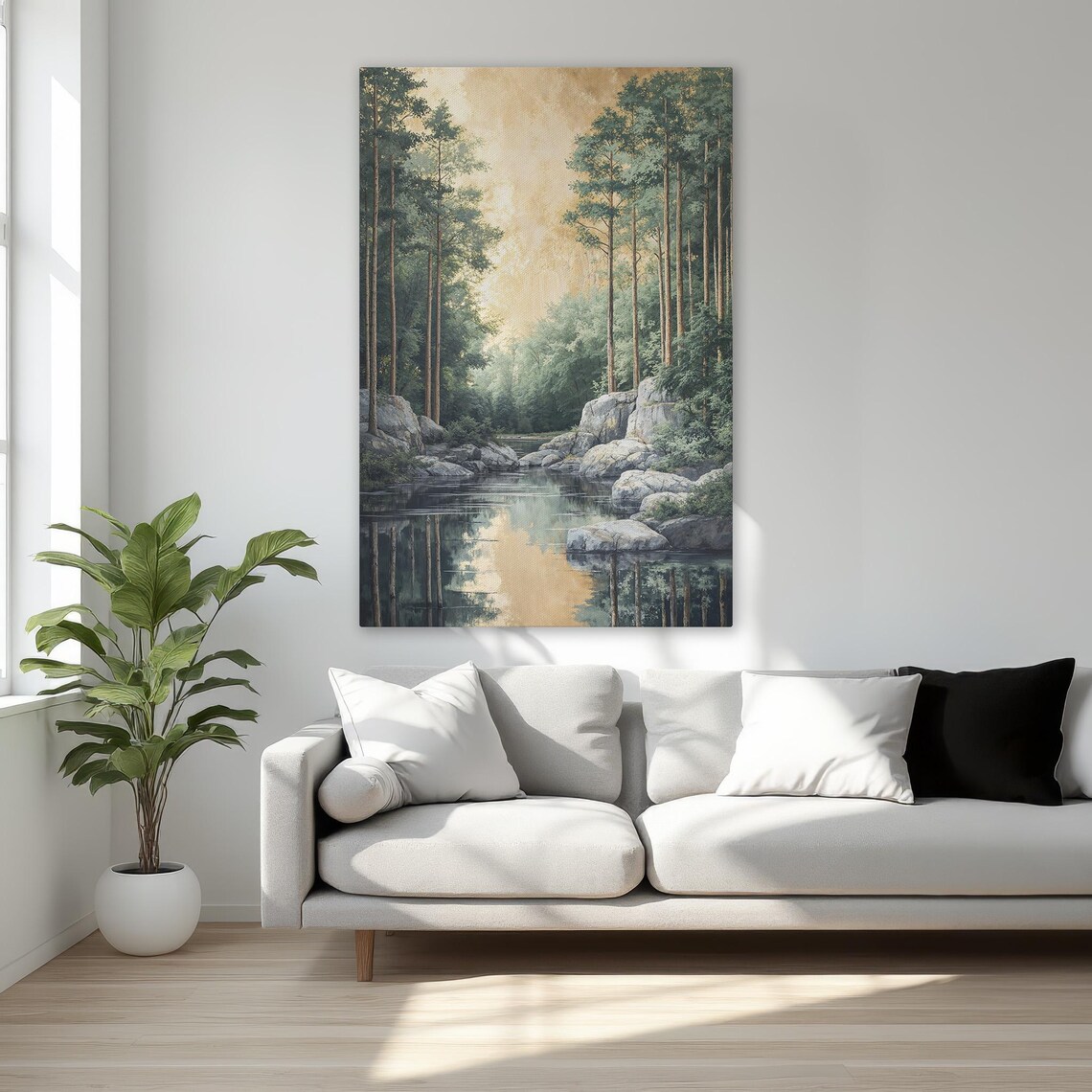 Serene River and Tranquil Forest Landscape Art Print