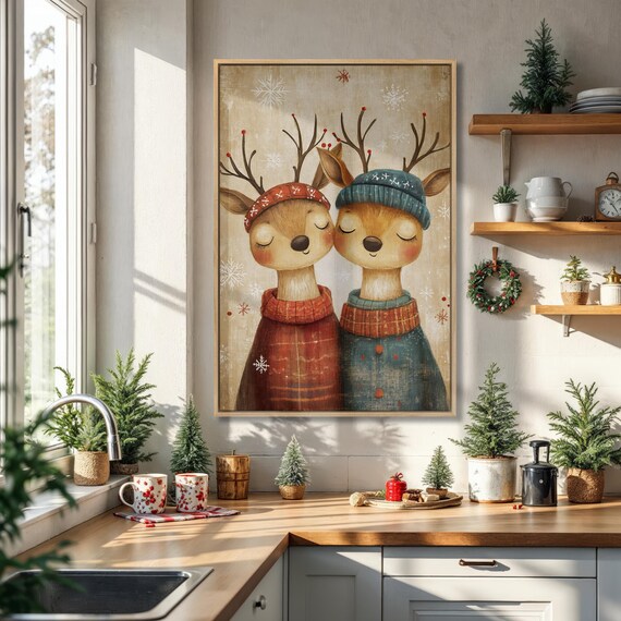 Whimsical Reindeer Duo in Winter Sweaters Christmas Nursery Holiday Decor Poster