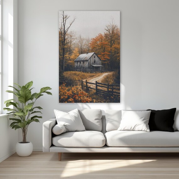 Rustic Barn Autumn Forest Dirt Road Countryside Canvas Wall Art