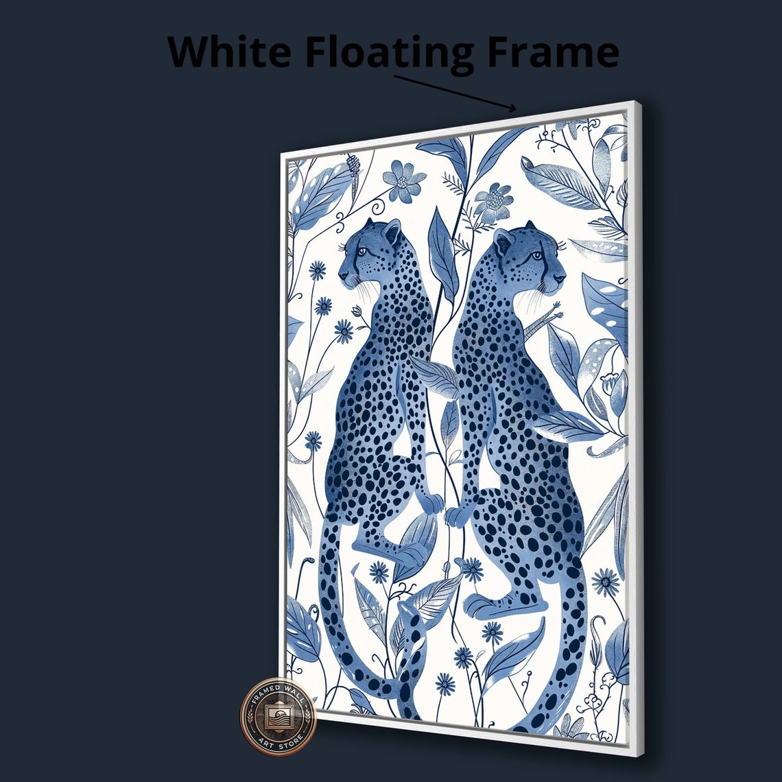 Two Blue White Cheetahs Botanical Line Drawing Animal Art Poster - Image 3