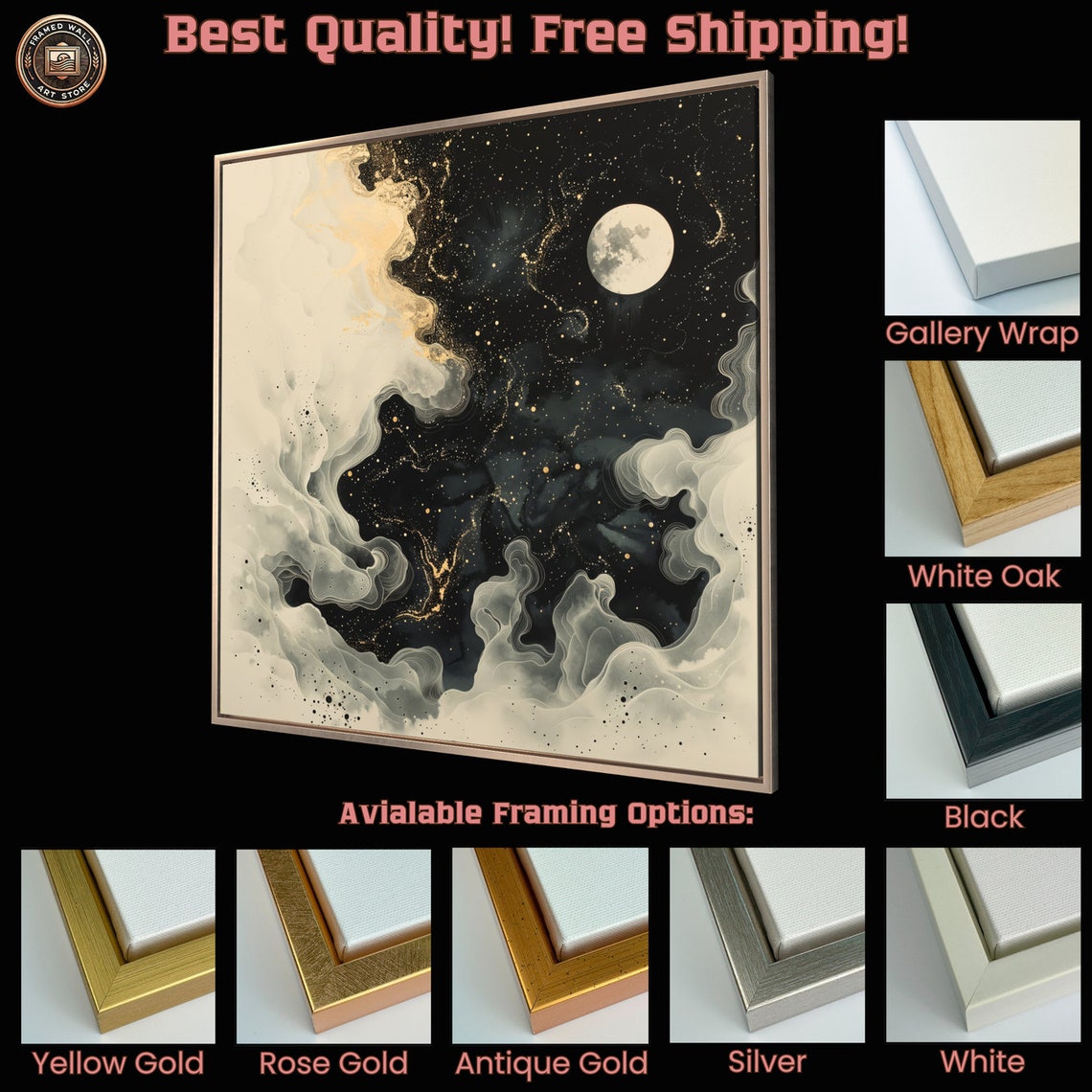 Full Moon And Stars Amidst Swirling Clouds Framed Wall Art Celestial Abstract Framed Print Cloudy Night Sky Wall Decor Ready To Hang - Image 5