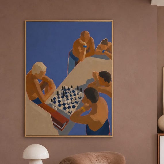 Chess In The Pool Keep Your Cool Painting Print Contemporary High Society Beach Poolside Decor Wall Art Hand Drawn Summer Poster