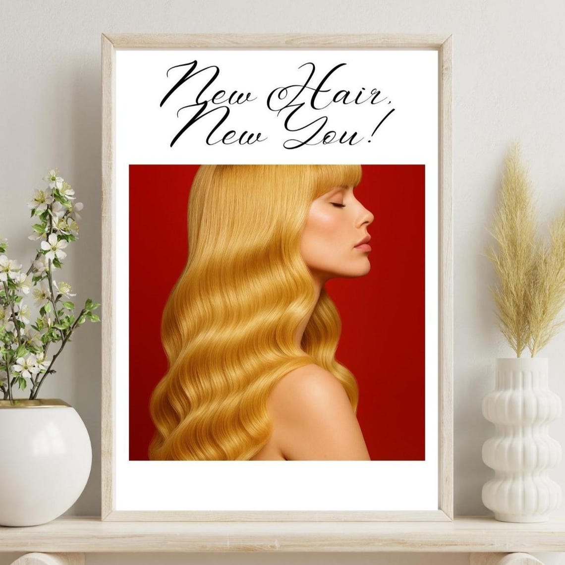 New Hair New You Blonde Beauty Salon Poster Red Background Chic