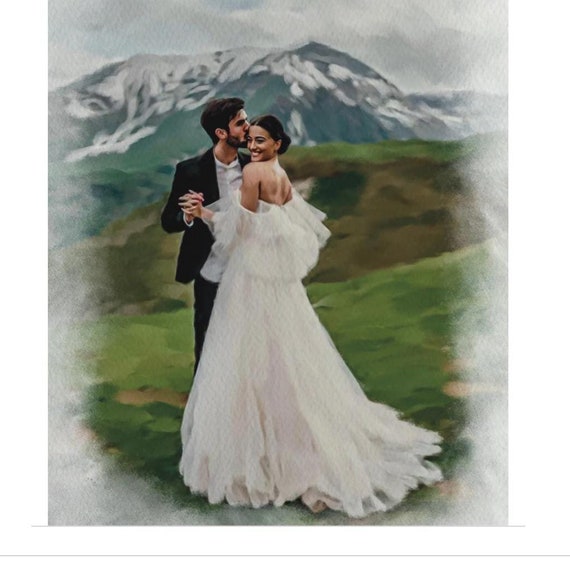 Bride and Groom Cheek Kiss with Snow Peaked Mountain View Poster