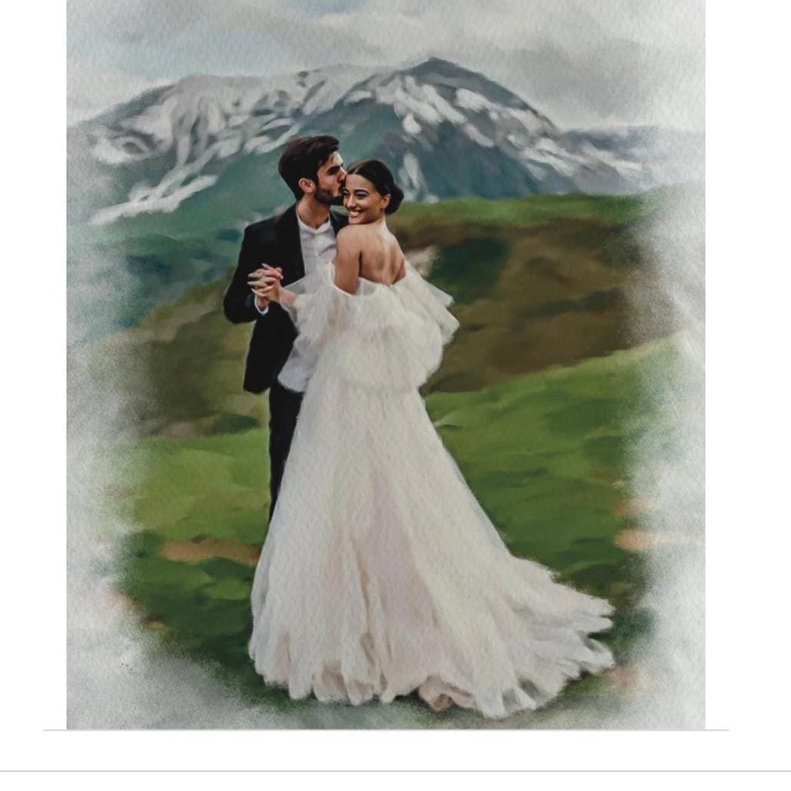 Bride and Groom Cheek Kiss with Snow Peaked Mountain View Poster