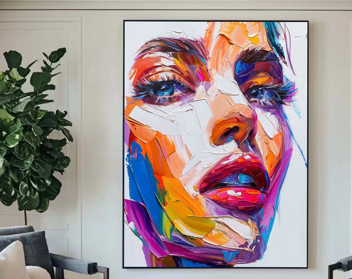 Abstract Woman Face Painting Colorful Texture Wall Art Female Portrait Texture Painting Original Portrait Art Lady Figure Colorful Painting - Image 5