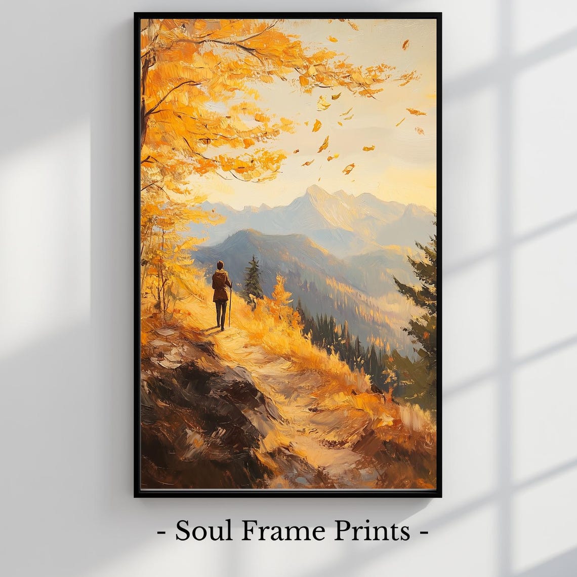 Autumn Mountain Trail Hiker Golden Fall Foliage Painting Poster
