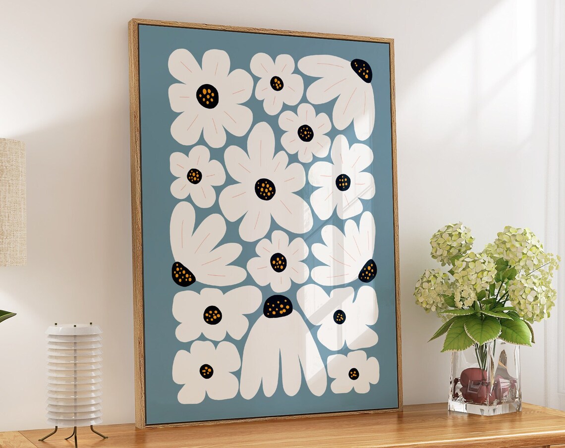 Blue Abstract Flower Art Print, Colorful Gallery Wall