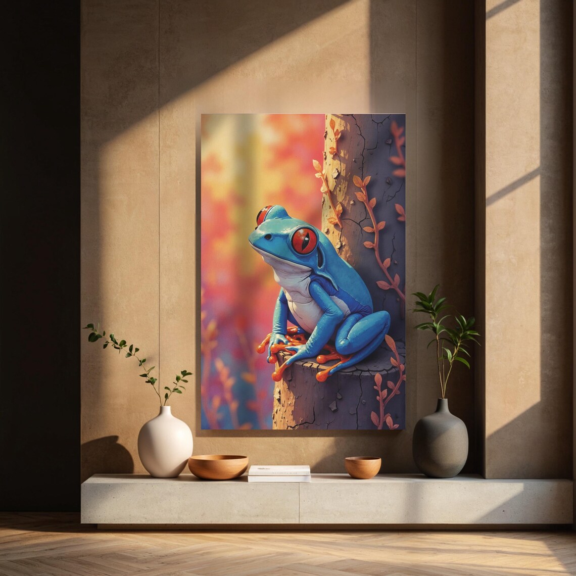 Blue Tree Frog Red Eyes Sunset Branch Wildlife Nature Art Poster - Image 2