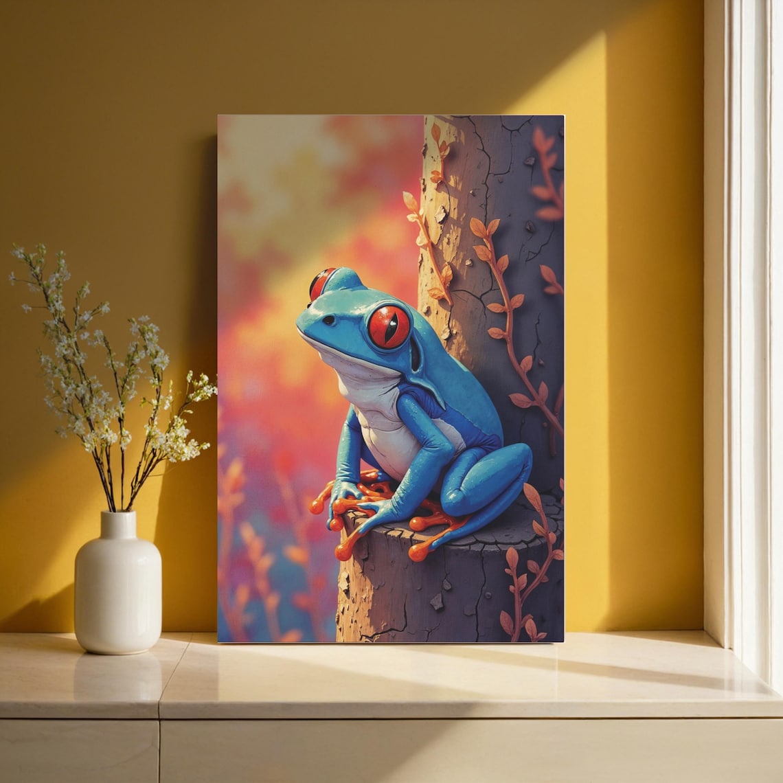 Blue Tree Frog Red Eyes Sunset Branch Wildlife Nature Art Poster - Image 5
