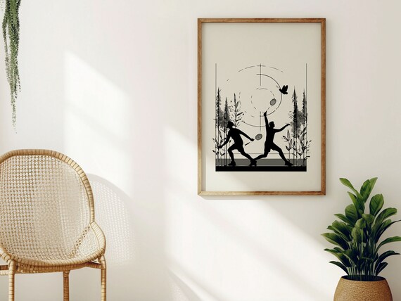 Minimalist Abstract Badminton Print For Cool Court Wall Art I Gift For Badminton Player I Black And White Scandinavian Lightwood Frame