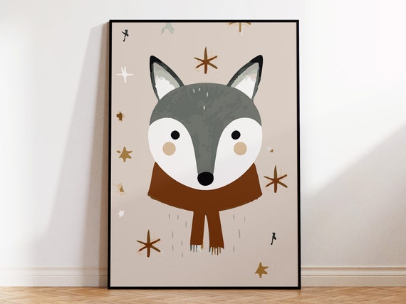 Wolf With A Scarf For Nordic Kids Room Wall Art Scandinavian Style Nursery Poster Of A Wolf Wooden And Metal Frame Options