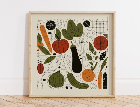 Mid Century Modern Vegetable Poster Retro Carrots Tomato Eggplant