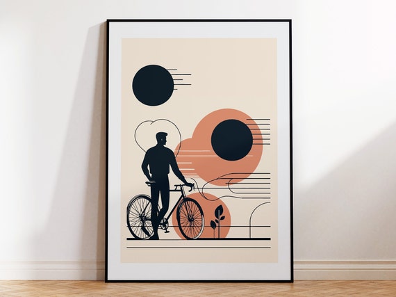 Cyclist Wall Art For Modern Nordic Home Abstract Peach Coloured Bicycle Print For Stylish Minimalist Wall Decor