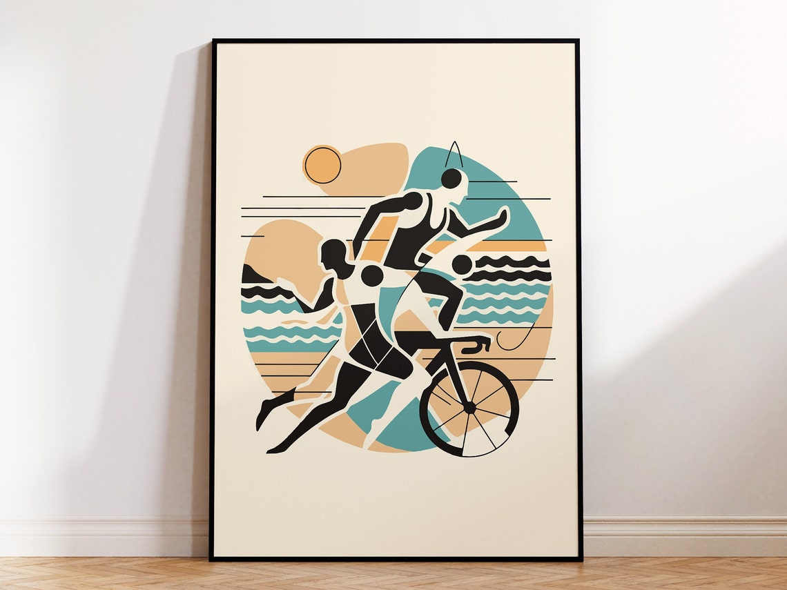 Abstract Triathlon Sport Poster with Swimmer Cyclist Runner Artwork