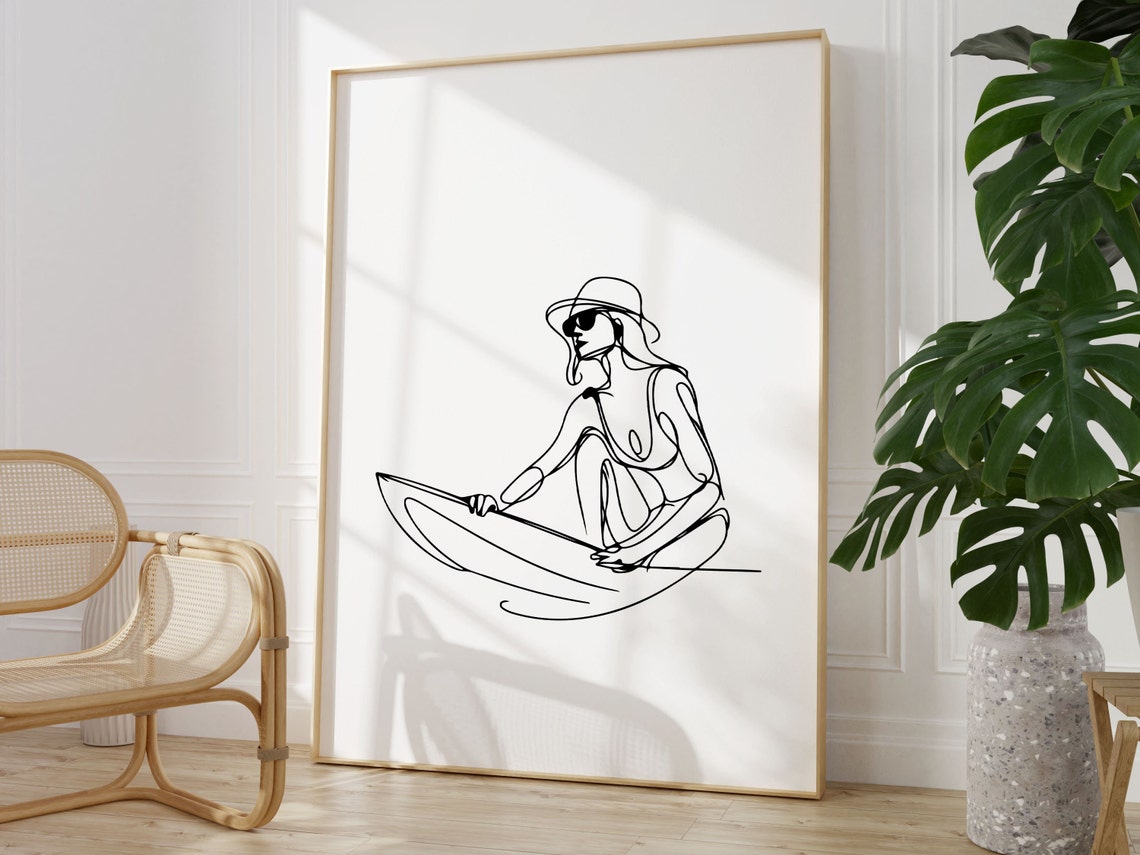 Surfer Girl With Sunglasses Line Art Poster Beach Hat and Surfboard - Image 2