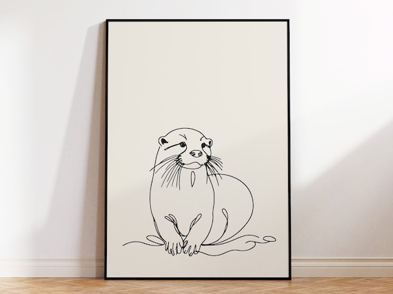 Framed Line Art Print Of An Otter For Minimalist Home Wall Art I Metal Oak And Lightwood Frames I Gift For Animal Lover