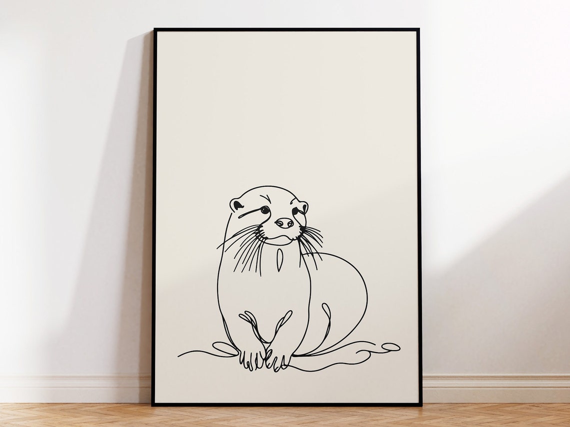 Cute Otter Line Drawing Poster Minimalist Animal Portrait Cream
