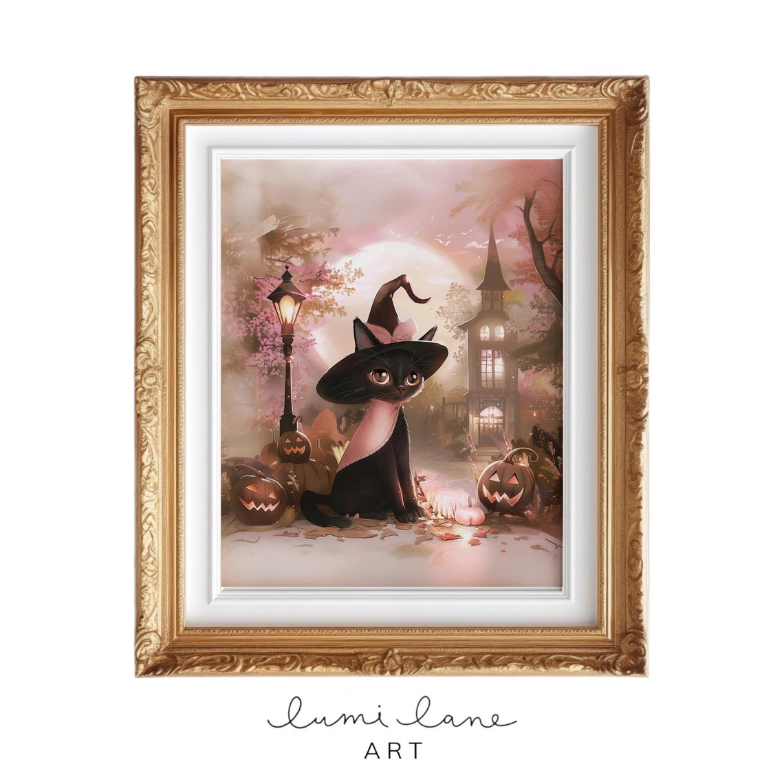Pink Halloween Black Cat Witch Hat Pumpkin Spooky Moonlight Poster
