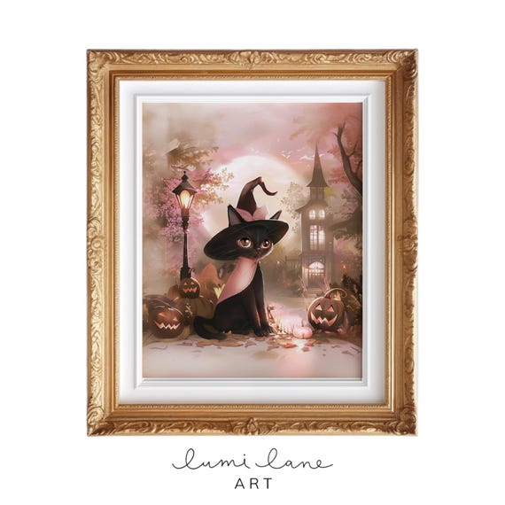 Pink Halloween Black Cat Art Pretty Fun Cute Fall Textured Painting