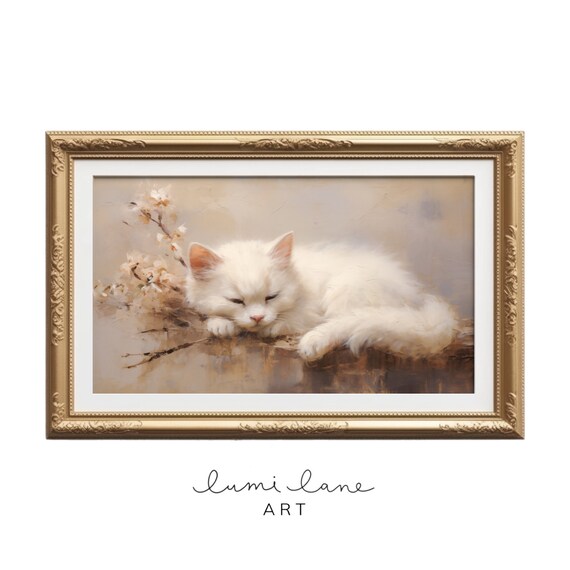White Cat Sleeping Cherry Blossoms Soft Vintage Feline Oil Painting Poster