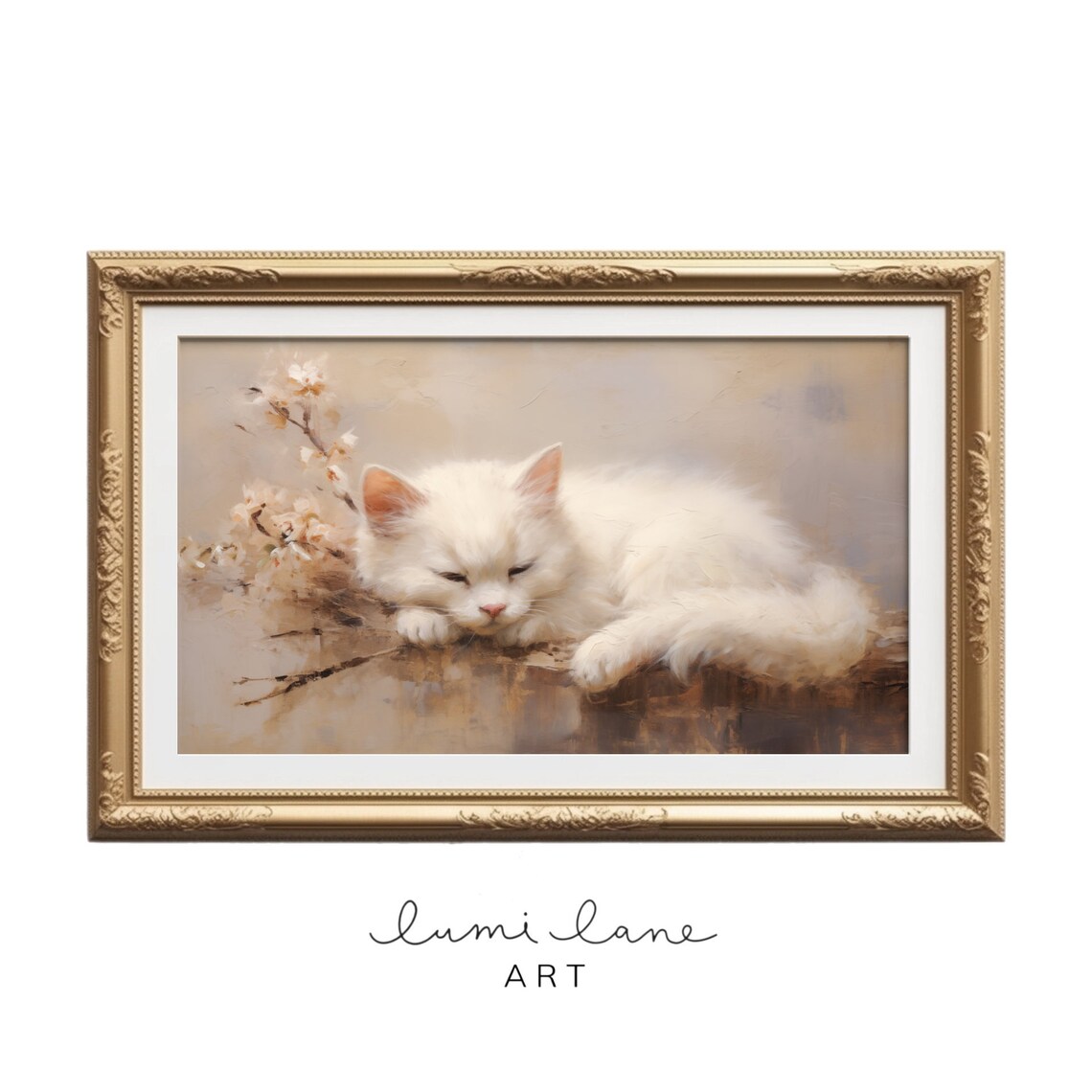 White Cat Sleeping Cherry Blossoms Soft Vintage Feline Oil Painting Poster