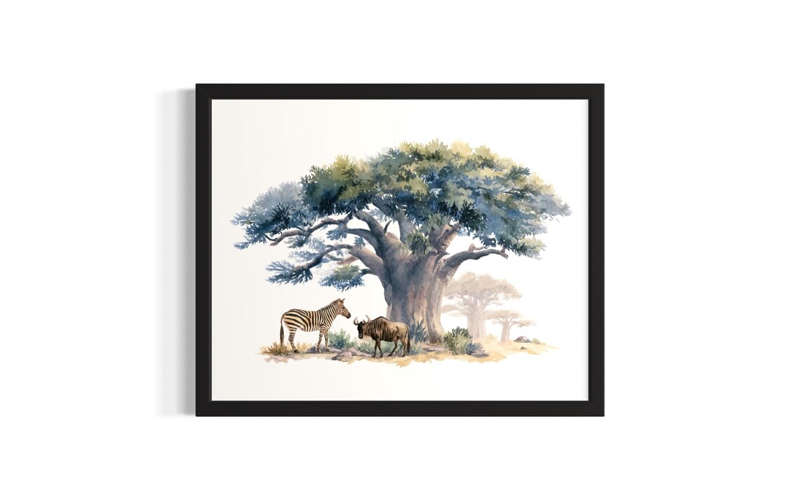 Zebra And Wildebeest Safari Watercolor African Acacia Scene Poster