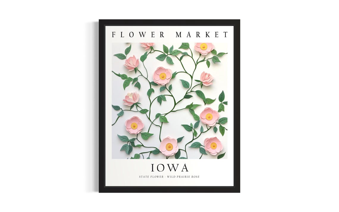 Iowa Wild Prairie Rose State Flower Market 3D Paper Botanical Poster