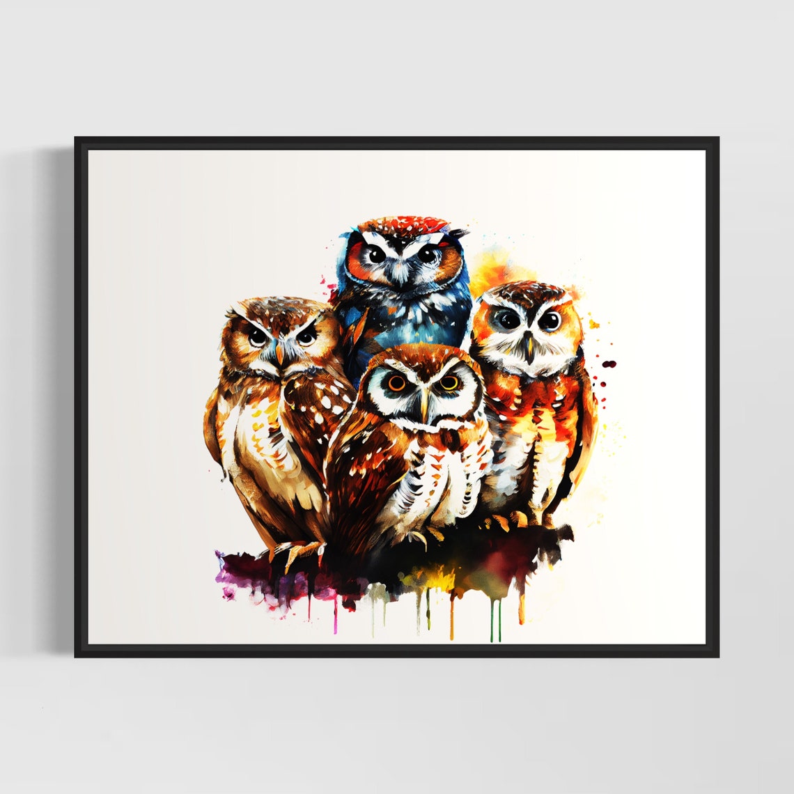 Flock Of Four Barn Owls Perched Together In Warm Watercolor Art Poster