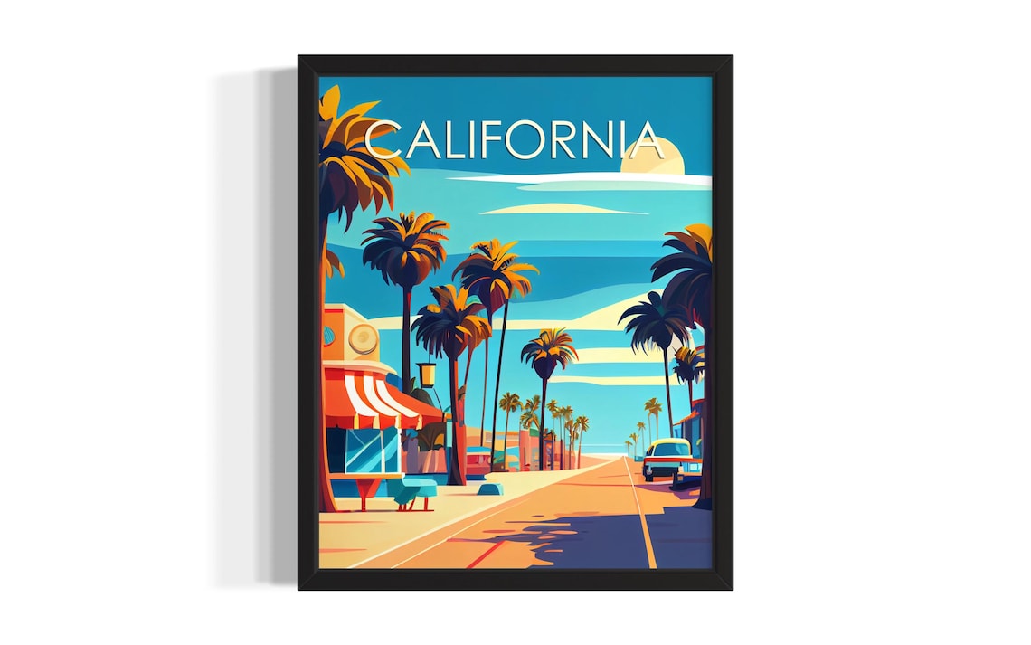 California Boardwalk Palm Street Shops Sunny Retro Travel Poster