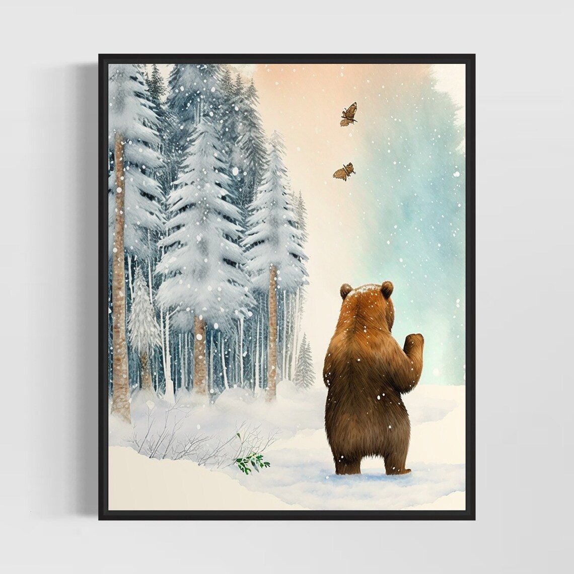 Brown Bear Walking with Child in Winter Snow Watercolor Wildlife Poster