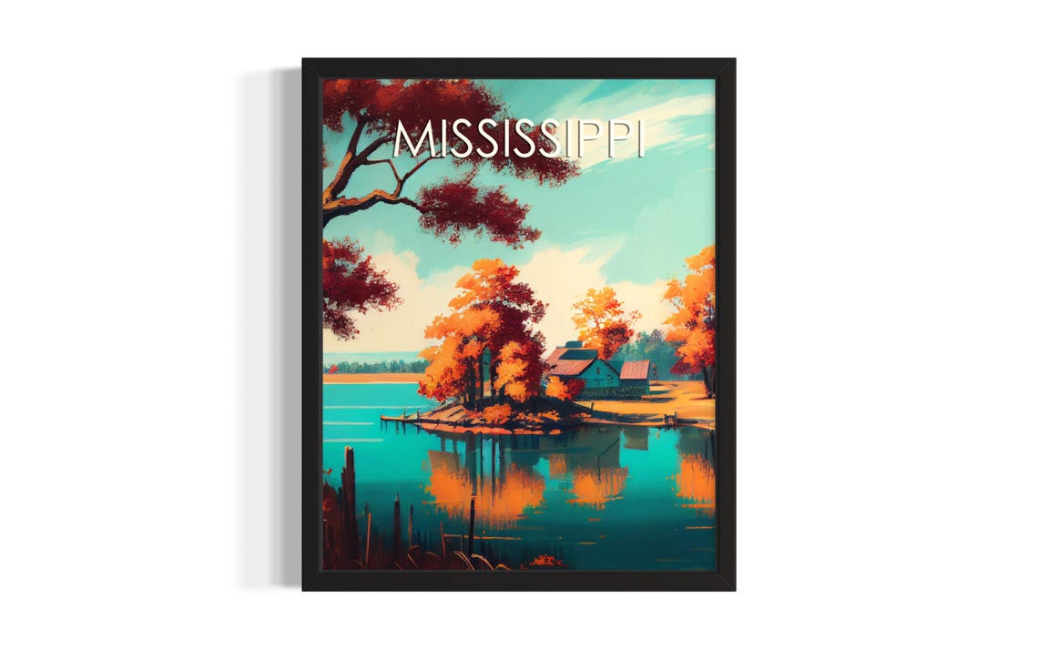 Mississippi Autumn Lakeside Cabins Golden Trees Scene Poster