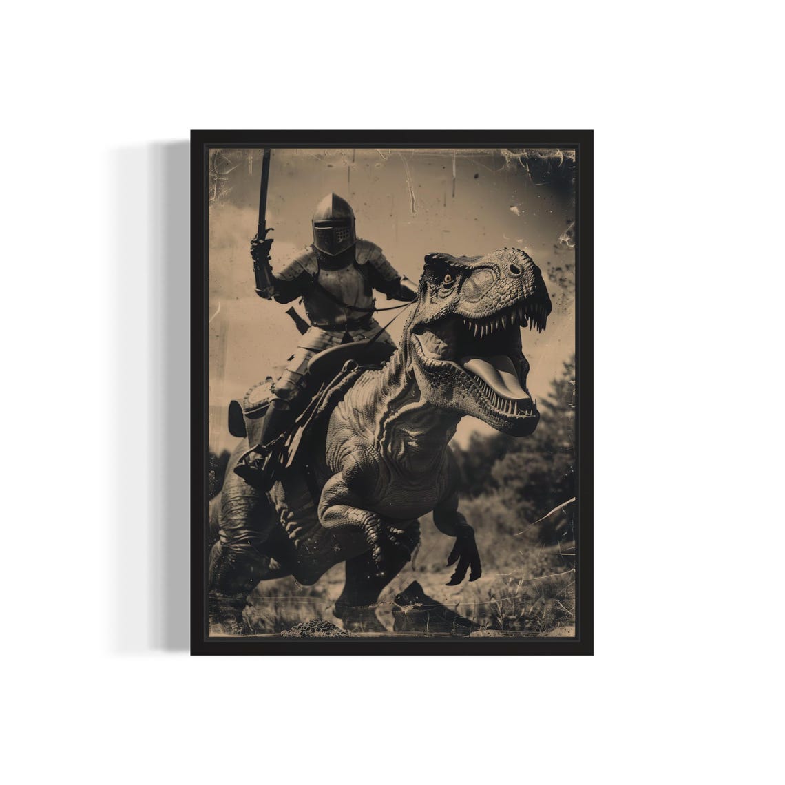 Medieval Knight Riding a T Rex Dinosaur Sepia Fantasy Poster