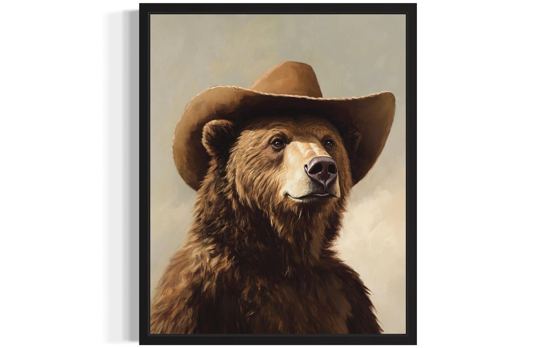 Shaggy Brown Bear in Cowboy Hat Funny Western Wildlife Portrait Poster