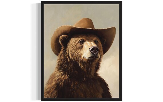 Shaggy Brown Bear in Cowboy Hat Funny Western Wildlife Portrait Poster