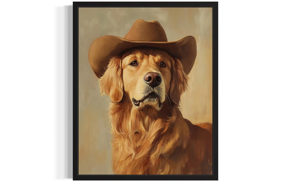 Happy Golden Retriever in Cowboy Hat Funny Western Dog Portrait Poster