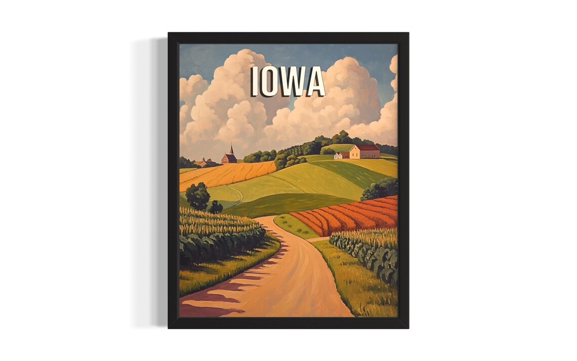 Iowa Summer Farm Road Cornfields Green Countryside Travel Poster
