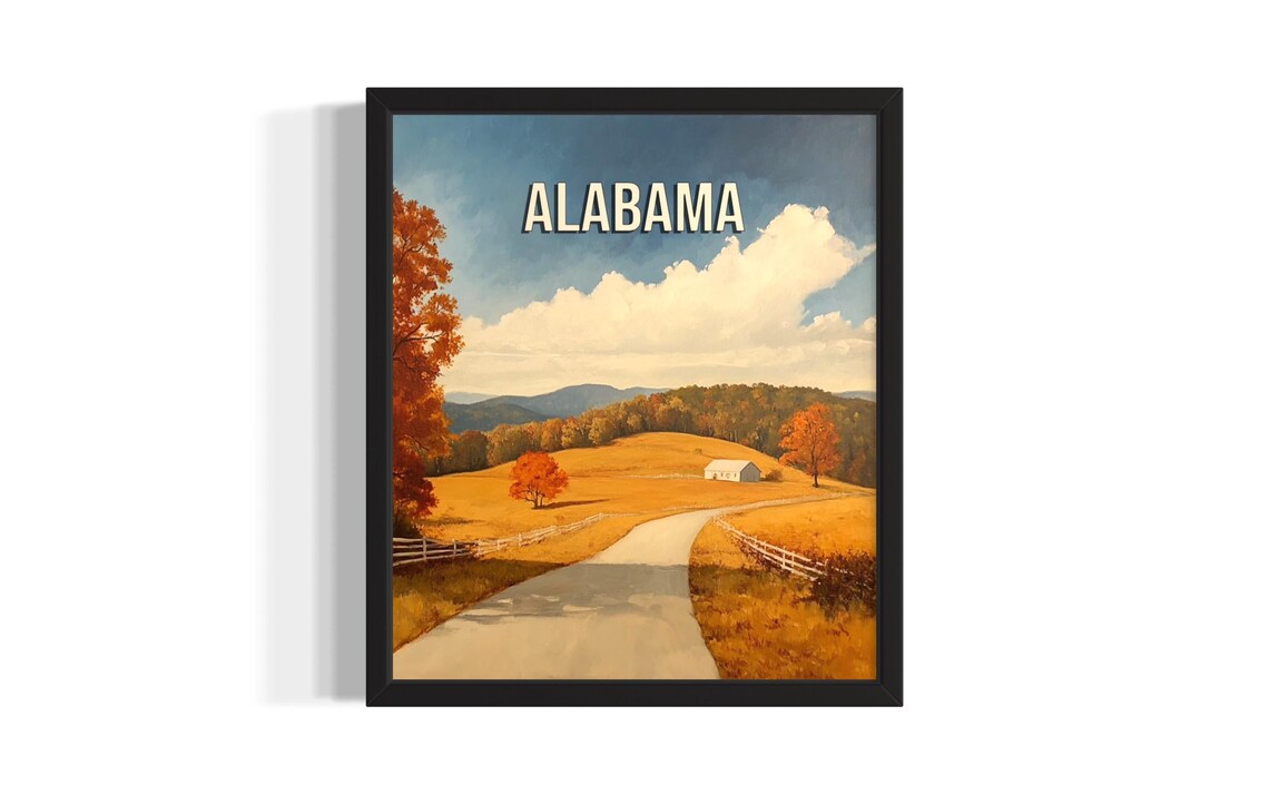 Alabama Summer Meadow Country Road Farm Vintage Travel Poster