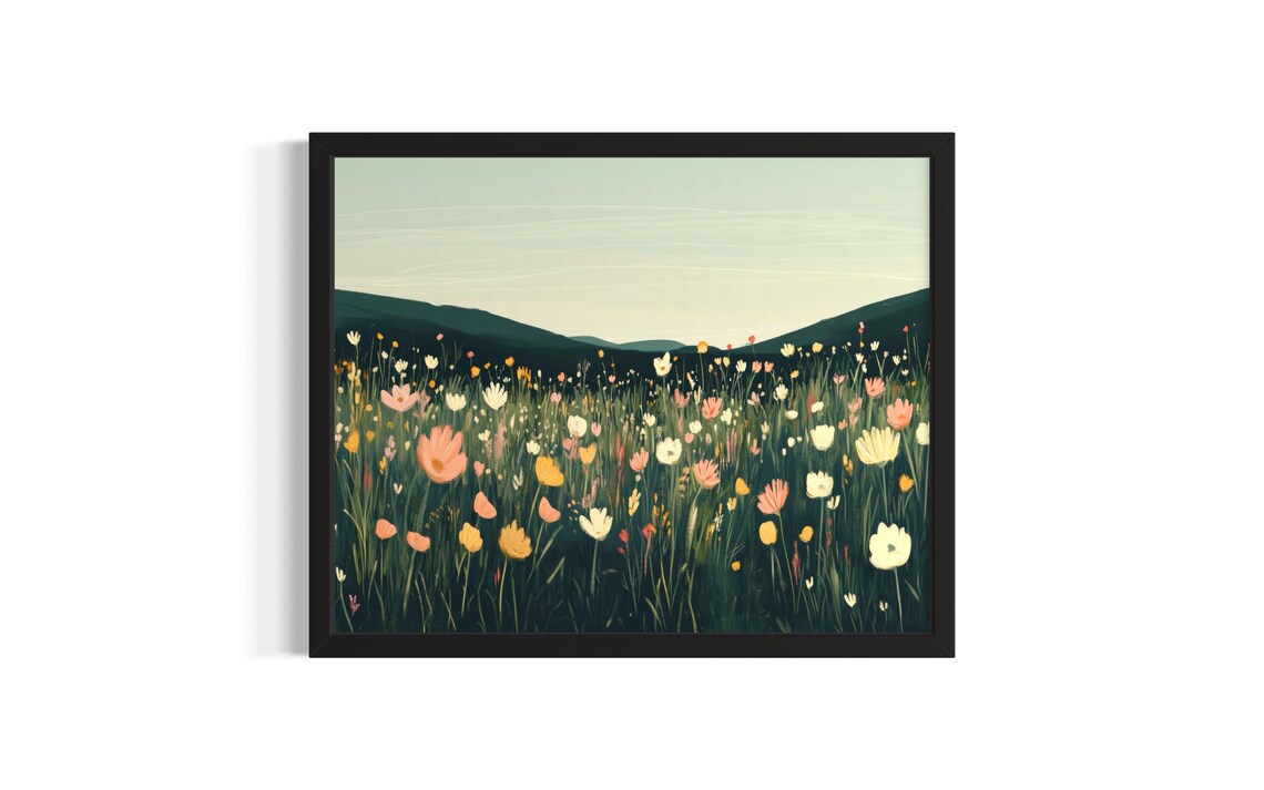 Colorful Wildflower Meadow Pastel Botanical Hills Landscape Poster