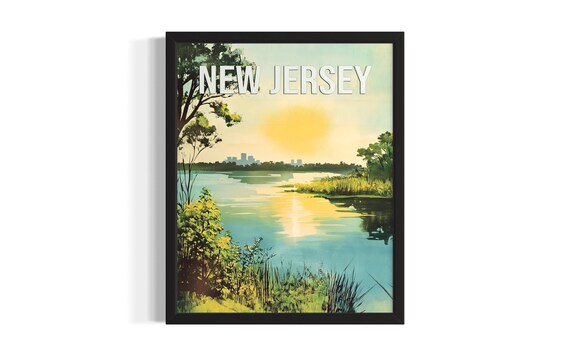 New Jersey Sunrise River Waterfront City Skyline Travel Poster