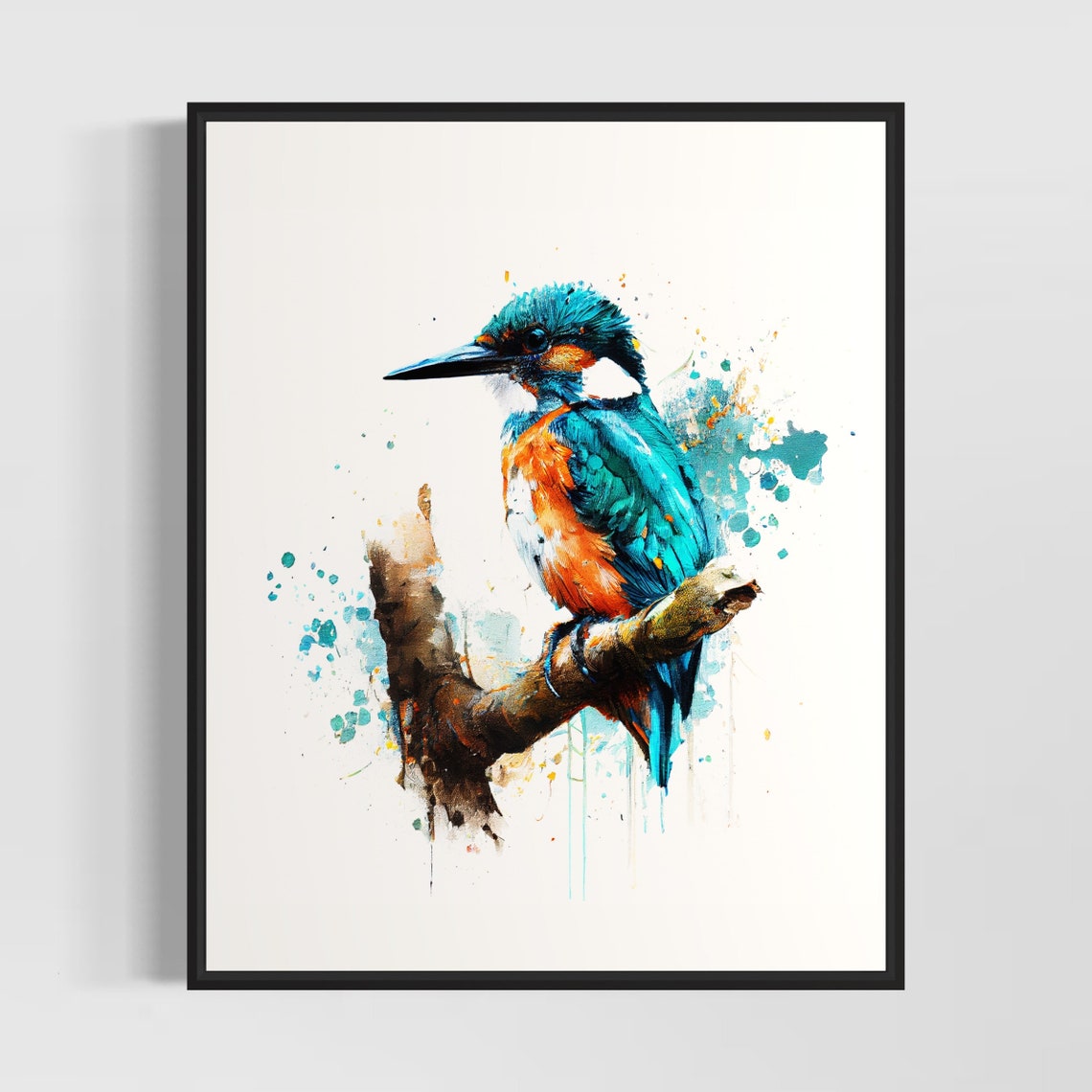 Vivid Kingfisher On Mossy Branch Teal Splash Watercolor Bird Poster