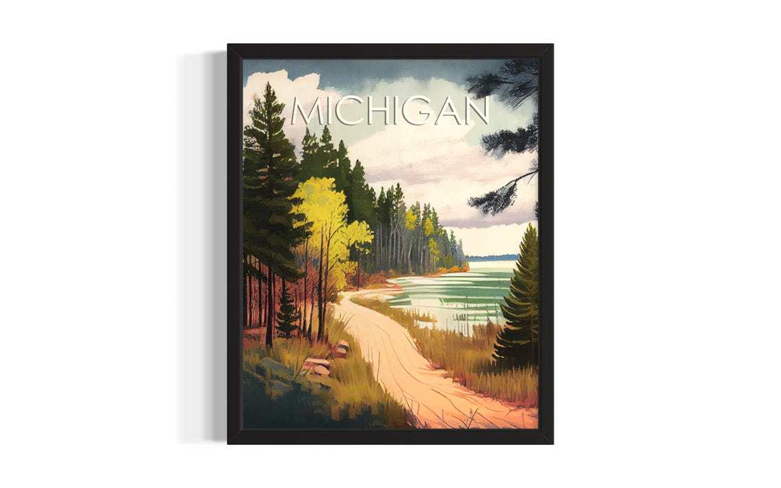 Michigan Autumn Forest Road Along the Lakeshore Travel Poster