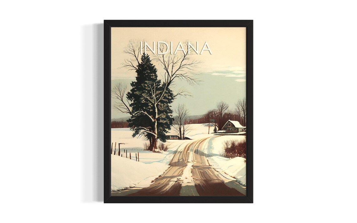 Indiana Winter Snowy Country Road Pine Trees Retro Travel Poster